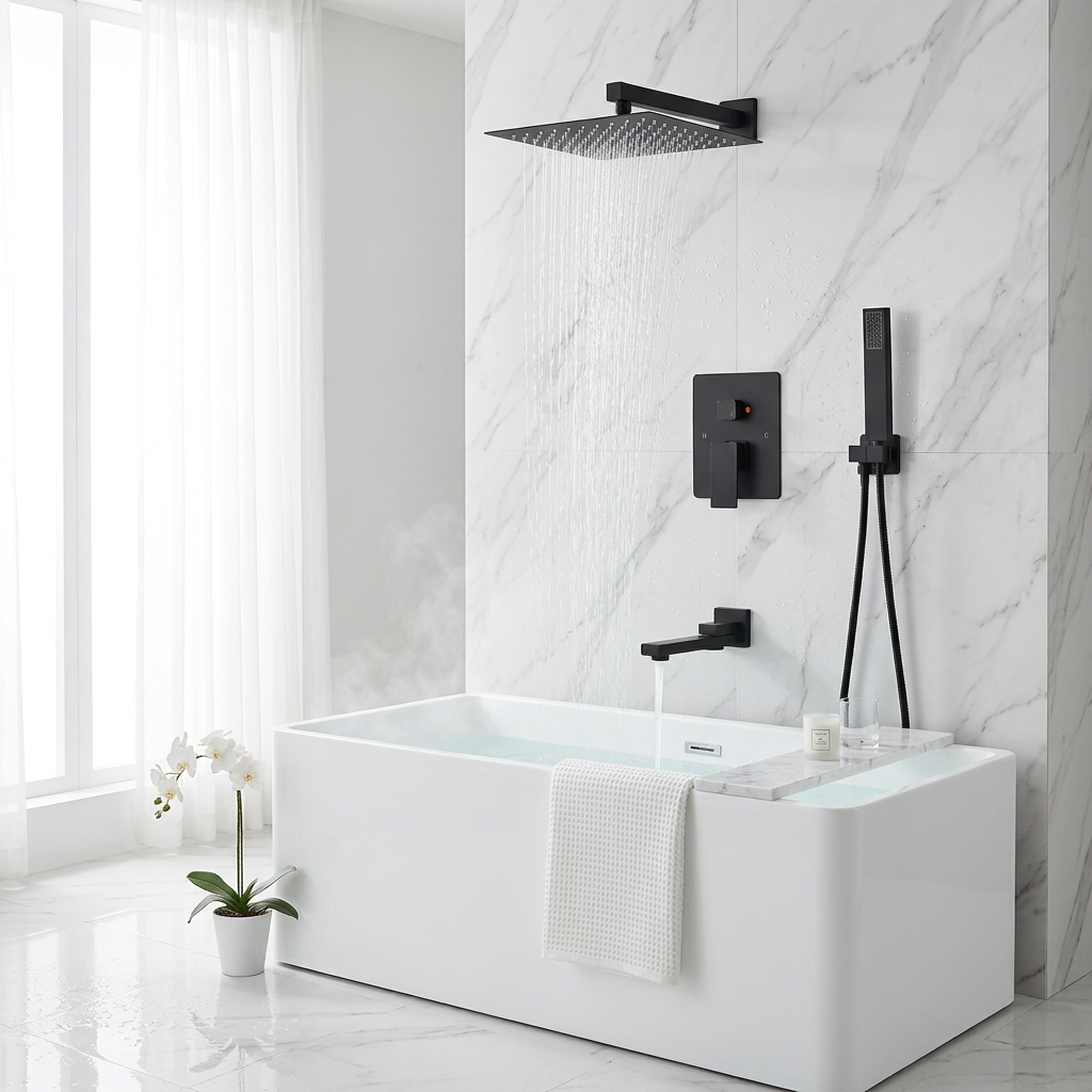 Colonne Douche Encastrée Noir Mat | Pommeau Pluie XXL