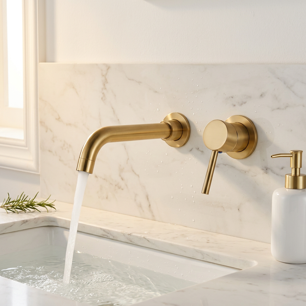 Robinet Mural pour Vasque | Bec Long Arqué — Or Brossé & Noir Mat